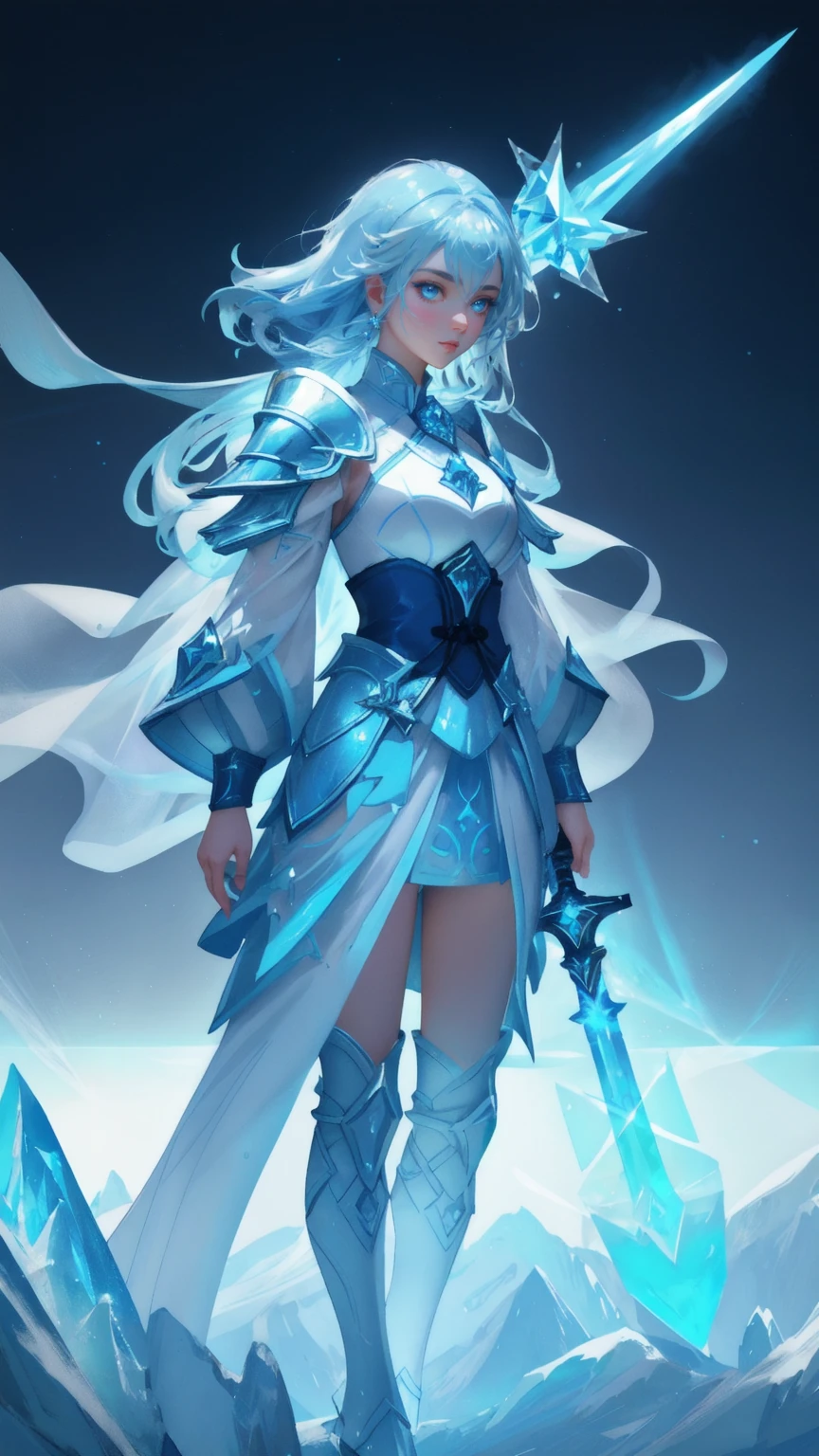 a close up of a  beautiful cute girl in a blue outfit holding a sword, concept art inspired by Huang Shen, Artstation contest winner, fantasy art, ice crystal armor, water armor, ice lord, iridescence water elemental, this character has cryokinesis, official splash art, master of ice, epic fantasy art style hd, ice mage with blue background