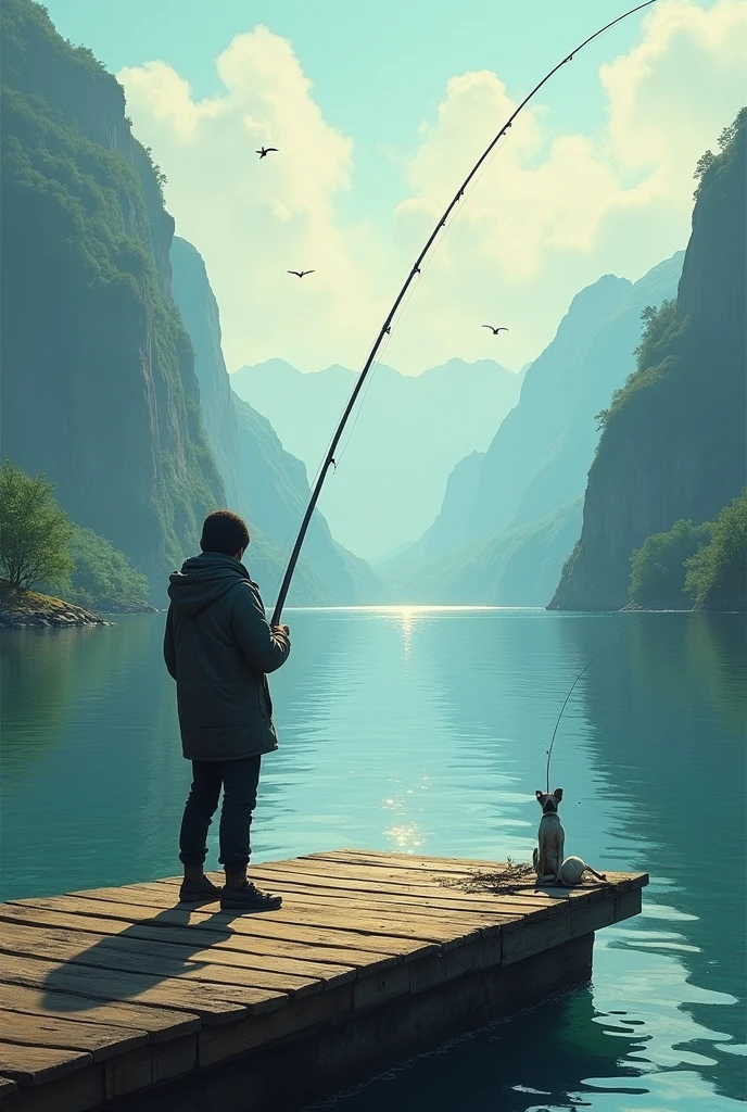 ((Highest quality)), ((masterpiece)), (detailed), One person, Fishing,Casting a fishing line on the pier