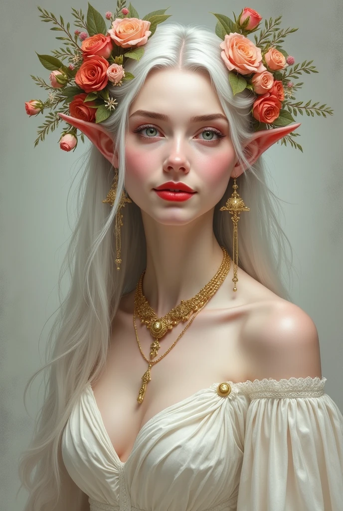 Portrait of a white-haired and white-skinned elf woman,with earrings and gold necklaces adornments white dress smiling in the painting,red makeup,Her head is decorated with flowers in medieval painting style