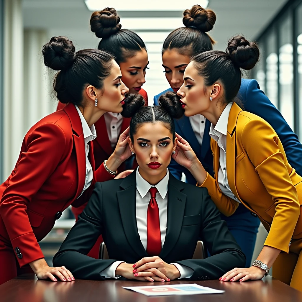 in luxerius office items sorrounded bright lighted modern french office,two 40 years old mature french ladies and four 30 years old mature french ladies,total 5 ladies involving and licking their hairs of each others wildly,First 40 years old mature lady seated to the viewer' side,other mature four ladies crowling in to seated lady reaching 2 by 2 by sides licking seated lady' twin braided hair bun,these four ladies are with dress in as per image prompt,all five of them,with their hairs respectively black color for the marure ladies  hairs in as per image prompt,their long,meticulaiursly french braided bun hairs shining since wax pasted,red lipsstick,natural tongues pulled out,licking the seated lady' mature black french braided twin bun like she is being raped excat in image,These all four ladies' faces are with showing full of sexual wildness showing out from their faces exact as in image prompt,Their eyes are fullfill with sexual wildness with raping hair braids as per the imahe prompt,(Show me their tongues,long tongues:1.0) styled with 100000 liters hair oil,hairs like viscus oiled pulp,slick combed hair lines highly visible,{{{{Ladies wears perfect dresses in perfectt busty}}}},{{{{{NSFW}}}}},{{{{{{Hairs highly soaked}}}}}},{{{Hairs Drenched in water}}}}},{{{slick combed hair lines}}}},{{{{Hairlines reflecting shinning like mirrors with water}},{{{{{Showcase full bodies perfect figures}}}}},{{{{{High resolution perfecr color grading}}}}}},{{{Perfect french braiding with hair buns on all three ladies exactly in image prompt}}}}}}},((((((((Generate ethnicity as french sexy build ladies))))))))),((((((Generate wildness poses where shows the wildness maturity of the sexually wildness and extremly extremly wildness in to hair licking by their tongues exatly as image prompt))))