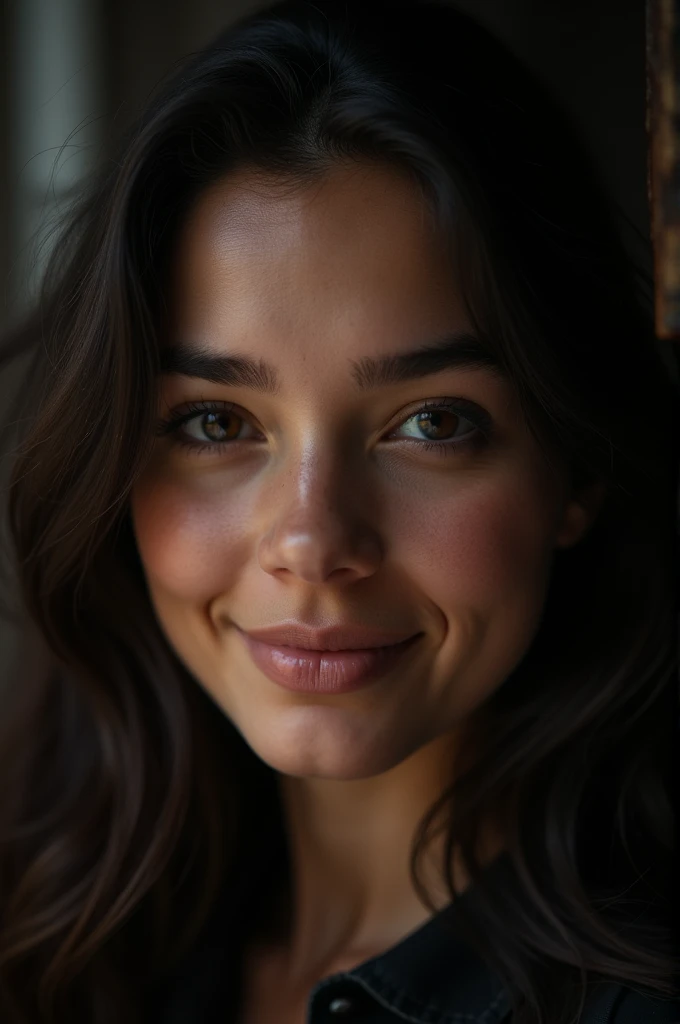 (close-up, editorial photograph of a 21 year old woman), (highly detailed face:1.4) (smile:0.7) (background inside dark, moody, private study:1.3) POV, by lee jeffries, nikon d850, film stock photograph ,4 kodak portra 400 ,camera f1.6 lens ,rich colors ,hyper realistic ,lifelike texture, dramatic lighting , cinestill 800,