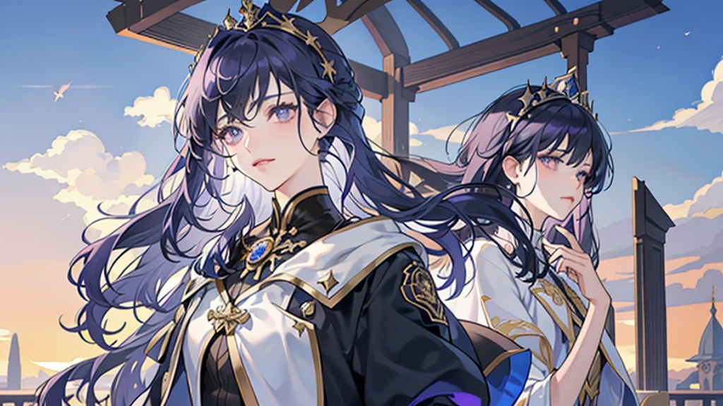 There are pavilions in the background,Dark blue whale in the middle ground,Prospect for a person,Has dark purple hair,Up half of hair,gold gemstone tiara,Side parted bangs,Pupils are light purple,The upper body is wearing a wizard costume,The lower body is suit pants,With silver cloak,Looks warm, kind and capable