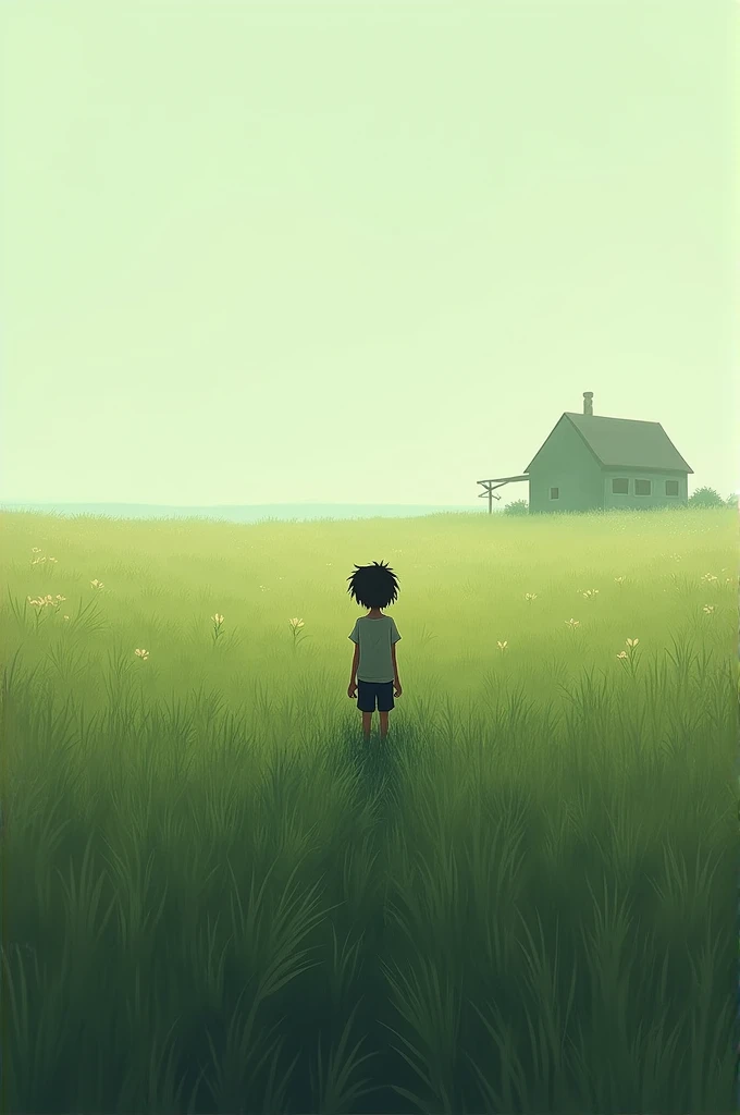 Lonely  boy come back to village standing in grass watching home form away
