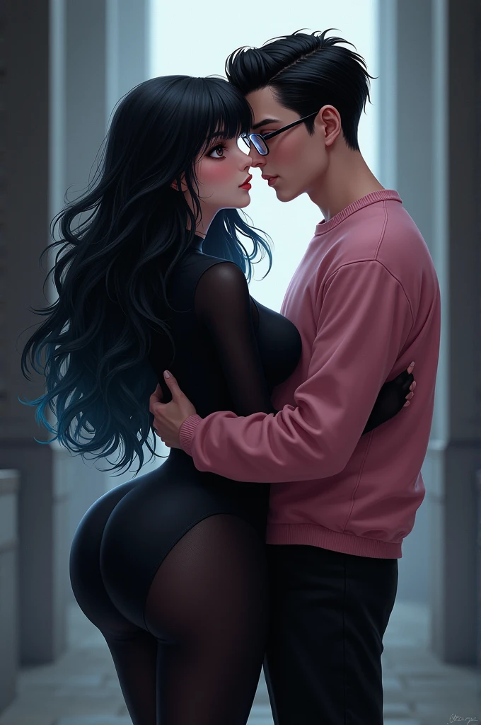 Couple of boyfriends she gothic with curvy body big cheeks big butt black hair with blue big brown eyes light skin, dressed in black, He has straight hair combed up and small rectangular glasses and a wide nose and a pink sweatshirt and black pants