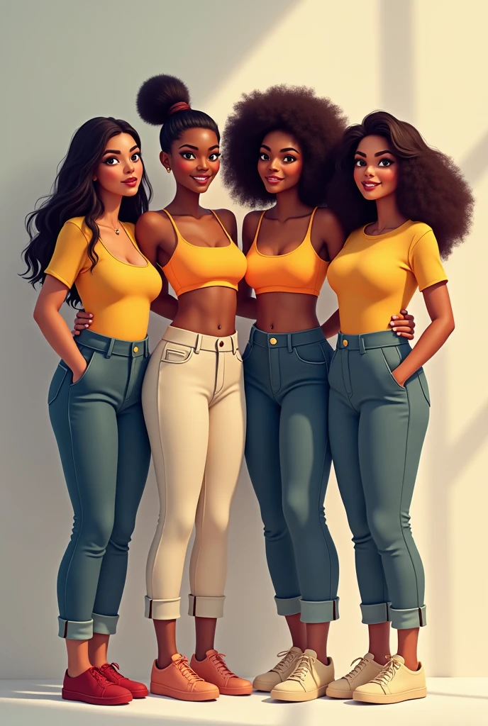 Four girls standing next to each others while posing 