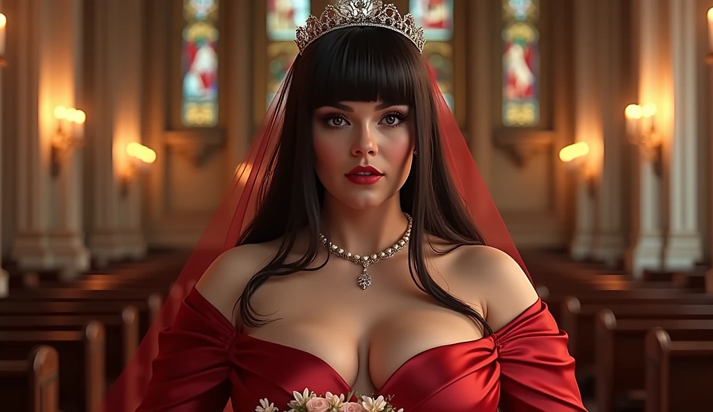 nude body,(masterpiece:1.3), (best quality:1.2), very aesthetic, (ultra high resolution:1.2), (extremely details:1.2), (intricate detailed:1.3), realistic, ray tracing, volumetric lighting, ambient occlusion, beautiful artwork, 3DCG, depth of field, 1girl, (holding bouquet:1.1), milf, solo, detailed beautiful face, detailed beautiful black eyes, black hair, straight long hair, blunt bangs, detailed beautiful oily skin, plump, (gigantic breasts:1.4), (sagging breasts:1.2), ruanyi0261, off-shoulder dress, pearl \(gemstone\), tiara, veil, silk, red wedding dress, indoors, chapel, stained glass, torch, bridal ceremony,