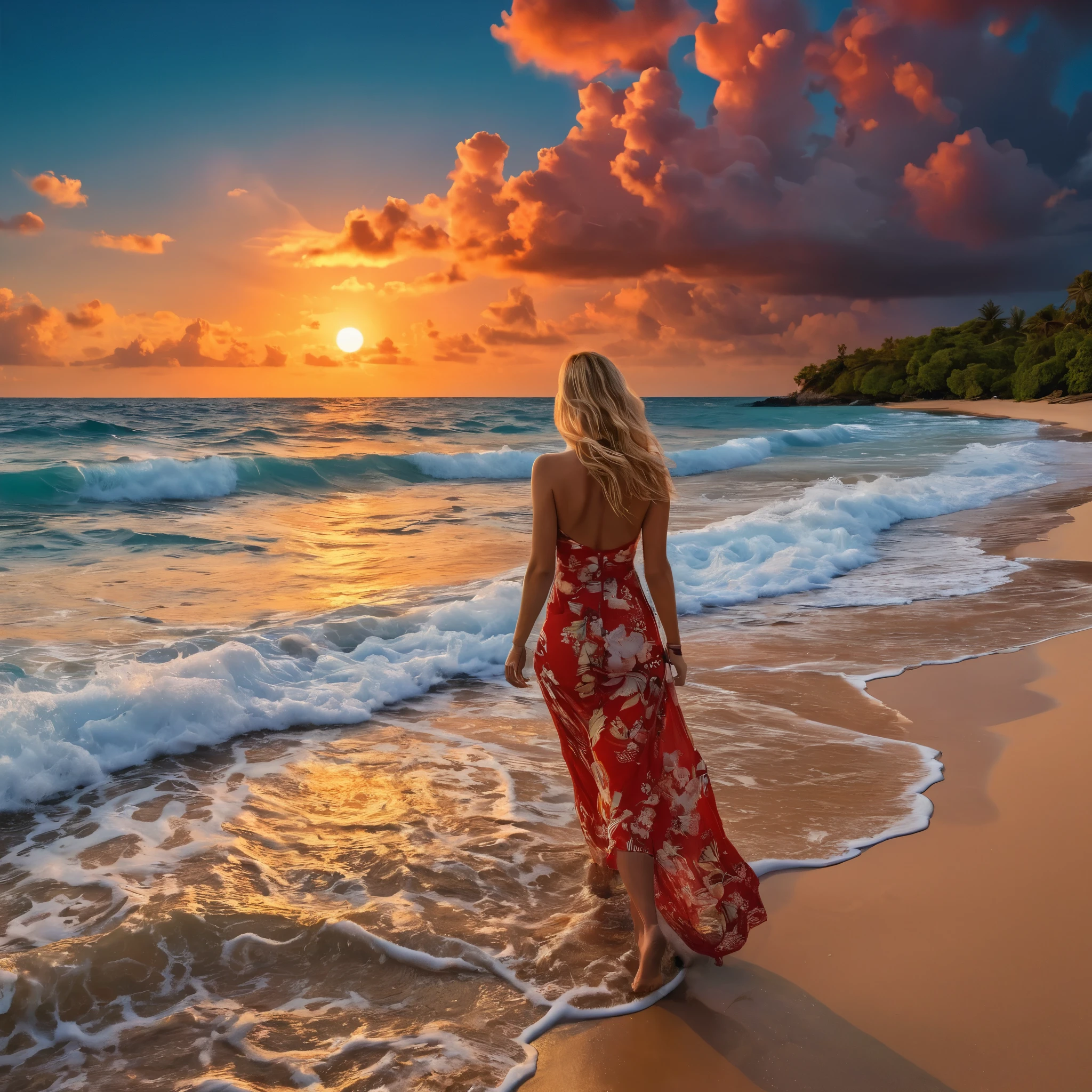 A beautiful tropical island, warm sunset, red clouds, golden reflexions on the sea, waves breaking on a reef, a small blue moon is above, (best quality, 4k, 8k,highres,masterpiece:1.2),ultra-detailed,(realistic,photorealistic,photo-realistic:1.37),HD,sky1,stunning detailed, A blonde woman is walking on the beach, wearing a flowery bright colored dress Slim, big tits, gentle smile,