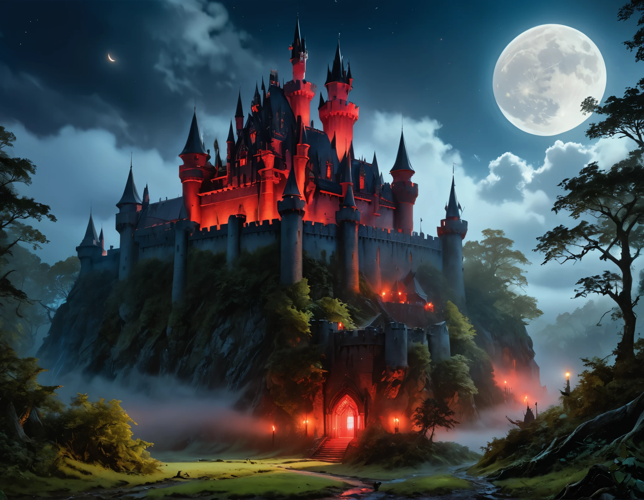 a picture of goth fantasy castle at night surrounded half covered by a ((mist: 1,5)),  a dark fantasy castle, (goth castle: 1.4), with towers and (red light : 1.4) coming out of the windows, the castle sits on a hill with few trees, the ((mist covers the ground and some of the castle)), it is night time, the moon is full, dynamic color moon, some stars, dark fantasy forest,  (best details, Masterpiece, best quality :1.5), ultra best realistic pictures , best details, best quality, 16k, [ultra detailed], masterpiece, best quality, (extremely detailed), ultra wide shot, photorealism, depth of field,