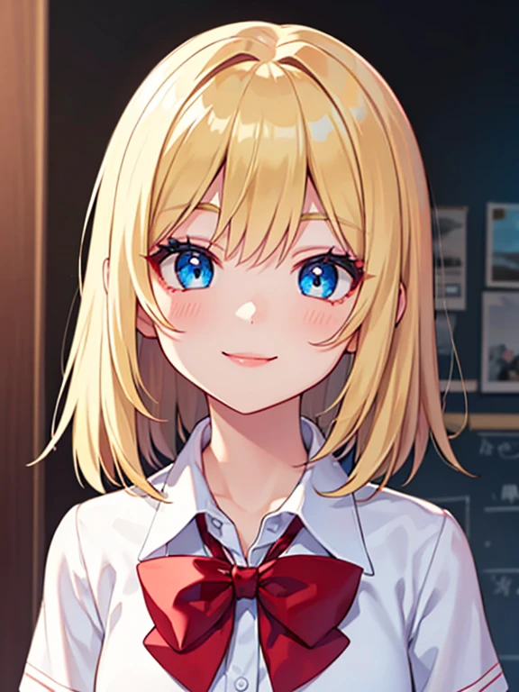 1 girl, cute, high school student, White collared shirt, school uniform, ribbon, Red bow tie, ((Blonde)), Medium half-up hairstyle, Blue Eyes, Big eyes, glowing eyes, (smile:1.2), (Full make-up:1.2), eye shadow, eyeliner, lipstick, Photographed from the front, Close up on face, (Arms at your sides), ((Highest quality)), ((masterpiece)), (detailed), Perfect Face, Perfect Arms, Perfect hands, Perfect Fingers, anime, Ultra-fine illustration,