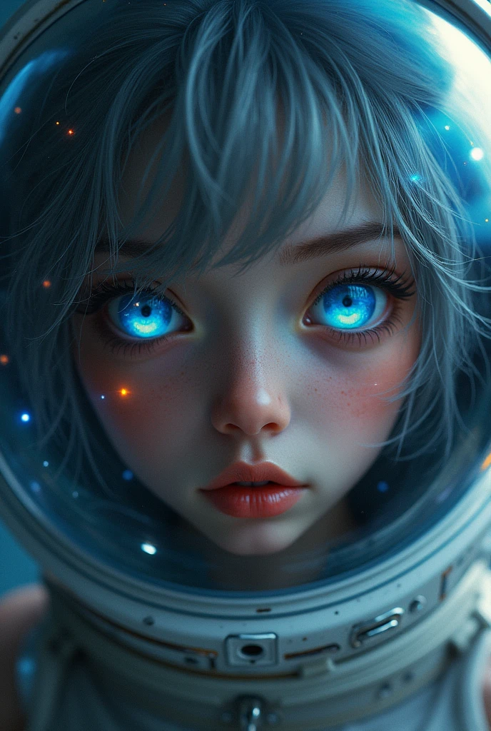 (Close-up of a better masterpiece:1.5)0.9], (Space and astronauts:1.2) (Messy silver hair:1.1) (Heterochromia xanthochromia and blue eyes:1.2) (Space Helmet:1.0) (Colored stars in the eyes:1.0) (A radiant glow:1.1) (thick lips:0.9)