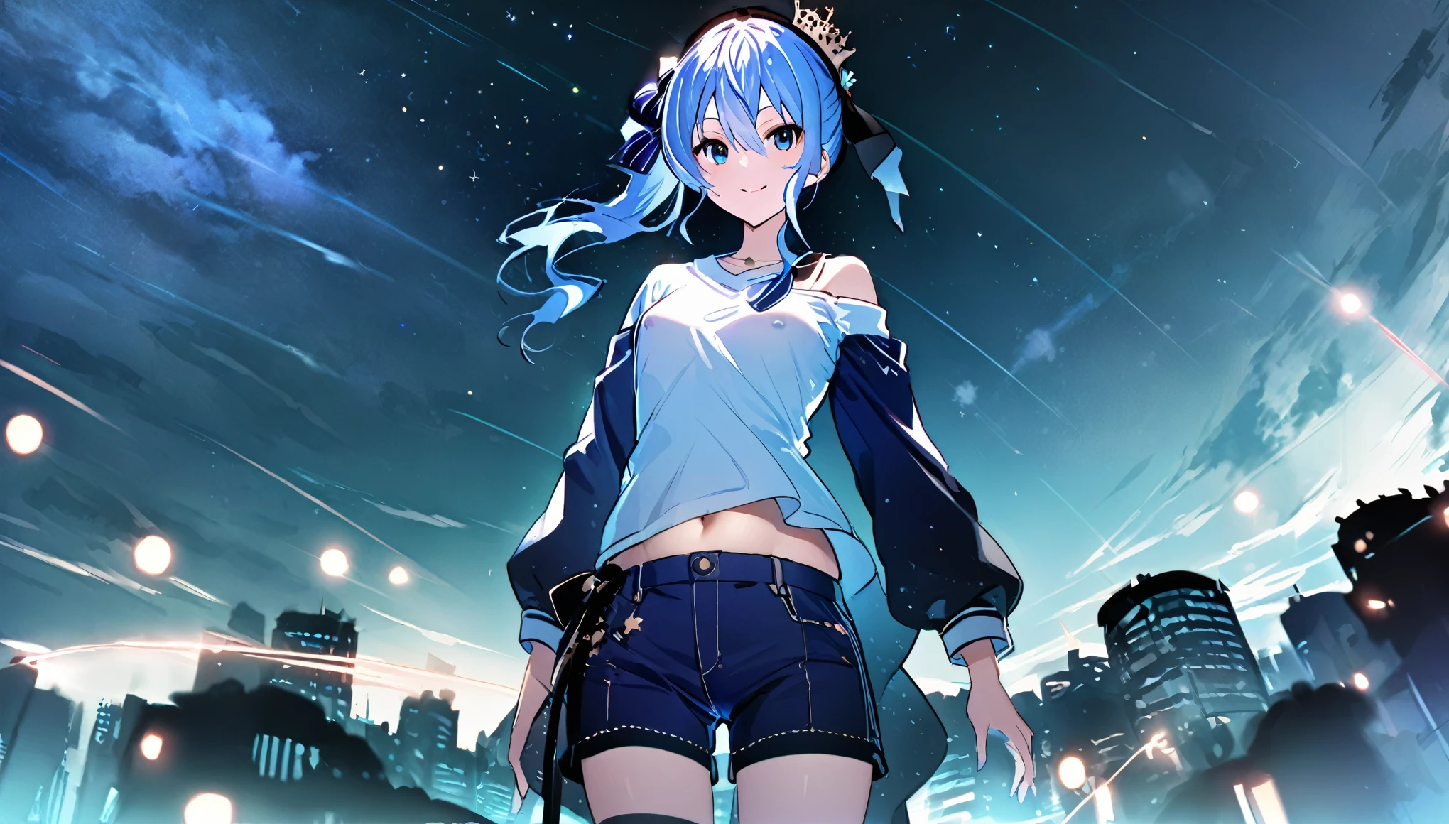 (8k、Best image quality、highest quality、masterpiece)、Detailed face、 1girl、Blue Hair、Long Hair、sideponytail、dark_blue_eyes、smile,(navel:0.6),Moderate_torso、small_breasts,((White T-shirt))、Off the shoulder、Black shoulder straps、(open_front_denim_short_shorts:1.2)、Cowboy Shot、Shoot from below、City Background, starry_sky_landscape ,hoshimachi suisei, slender,(covered_nipples:0.3), (belly button:1.2),nihil,solo,stargaze,girl_looking_up_sky,(abs:0.6)