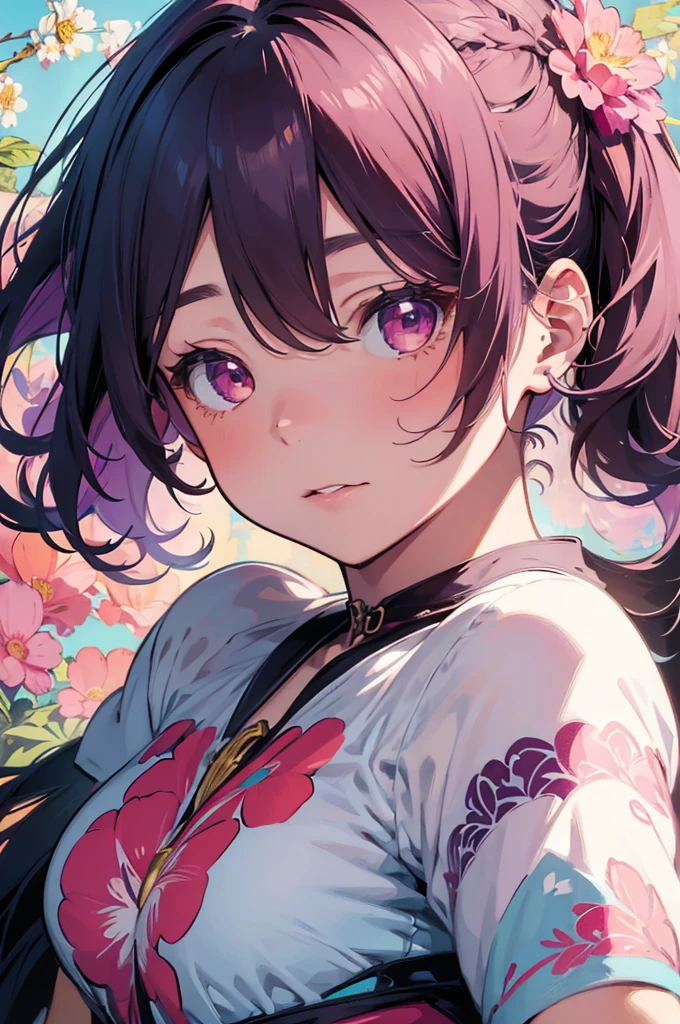Create a stunning poster-style artwork showcasing a woman adorning her hair with vibrant flowers, Utilize a color palette consisting of dark white and light magenta, and focus on intricate illustrations with serene facial expressions, Incorporate light teal and light red shades to infuse the artwork with smooth lines, reminiscent of comic art, (alphonse mucha artwork )