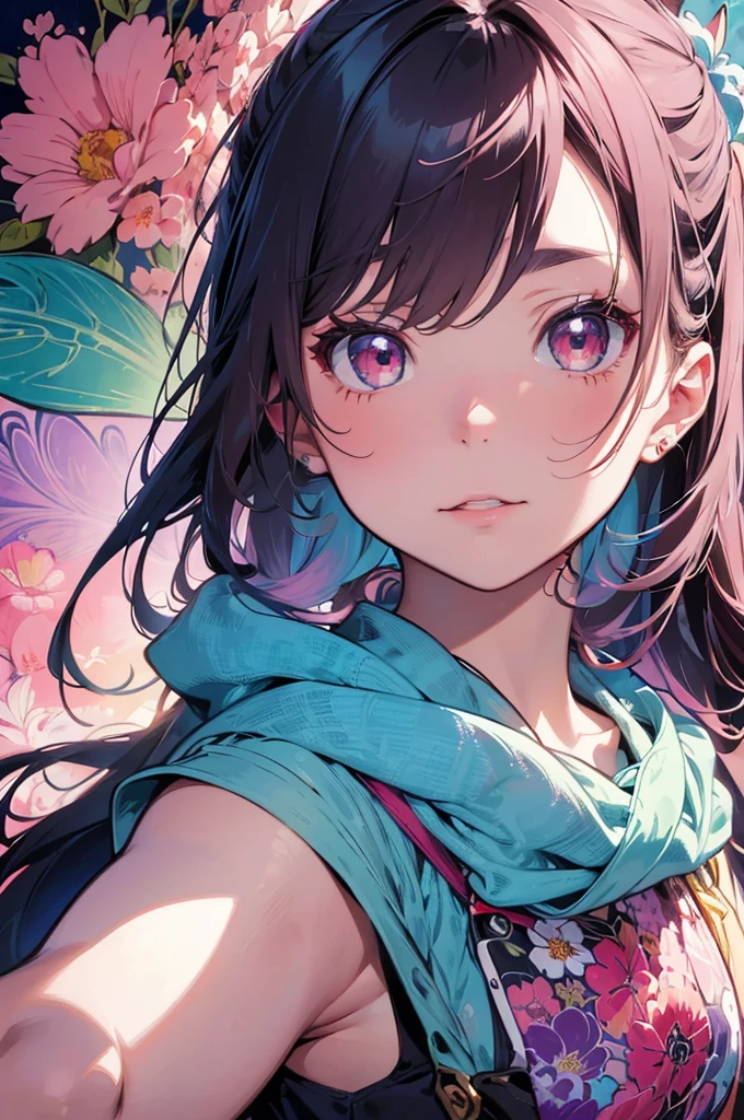 Create a stunning poster-style artwork showcasing a woman adorning her hair with vibrant flowers, Utilize a color palette consisting of dark white and light magenta, and focus on intricate illustrations with serene facial expressions, Incorporate light teal and light red shades to infuse the artwork with smooth lines, reminiscent of comic art, (alphonse mucha artwork )
