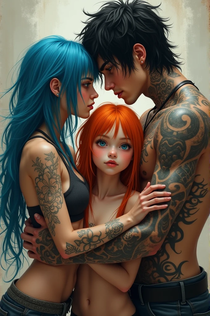 A girl with long blue hair, rough in appearance, high,A high boy with messy black hair and high intimidating appearance,tattoos, Both smiling and in the middle of them they hug and look lasciviously at a beautiful and innocent girl with orange hair,blushing and nervous.All of them look adult and attractive..