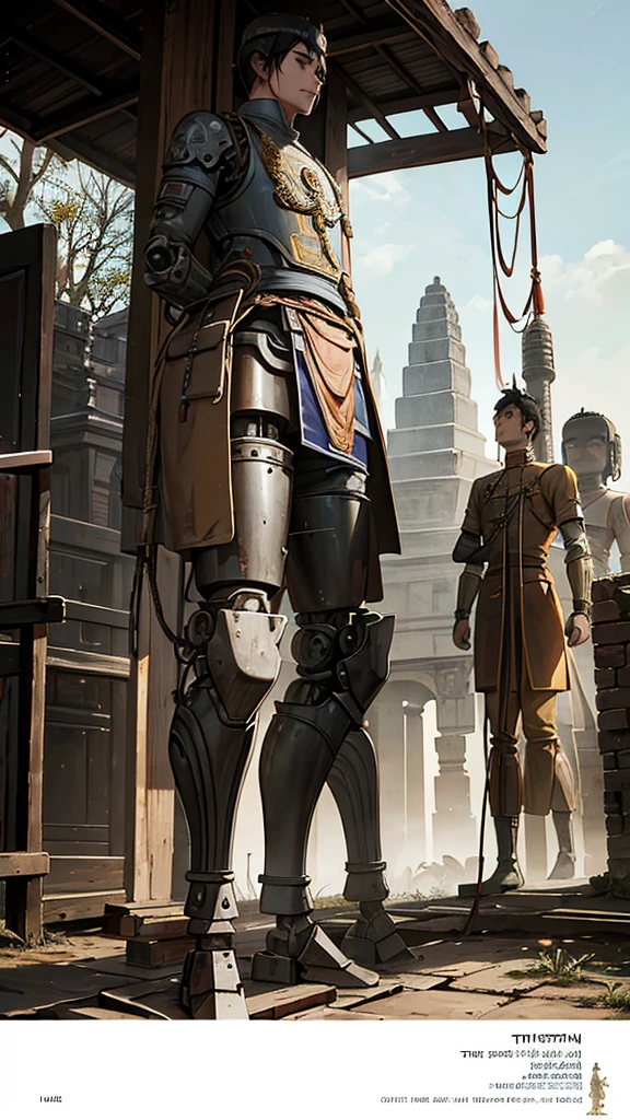 A rare, faded, and blurry old-style image of ten shirtless Thai soldiers from the Ayutthaya period standing next to a colossal machine-like robot with large legs and feet. The robot's mechanical parts, including massive gears, are exposed, and wires dangle loosely, with some trailing on the ground. The soldiers, dressed in traditional lower-body Ayutthaya attire, stand solemnly near the towering machine. The background showcases ancient Thai architecture and a rural landscape. The image has a worn, aged appearance, as if it were a deteriorated historical photograph, with desaturated and muted colors.