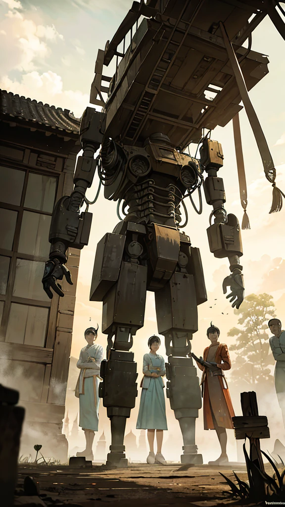 A rare, faded, and blurry old-style image of ten shirtless Thai soldiers from the Ayutthaya period standing next to a colossal machine-like robot with large legs and feet. The robot's mechanical parts, including massive gears, are exposed, and wires dangle loosely, with some trailing on the ground. The soldiers, dressed in traditional lower-body Ayutthaya attire, stand solemnly near the towering machine. The background showcases ancient Thai architecture and a rural landscape. The image has a worn, aged appearance, as if it were a deteriorated historical photograph, with desaturated and muted colors.