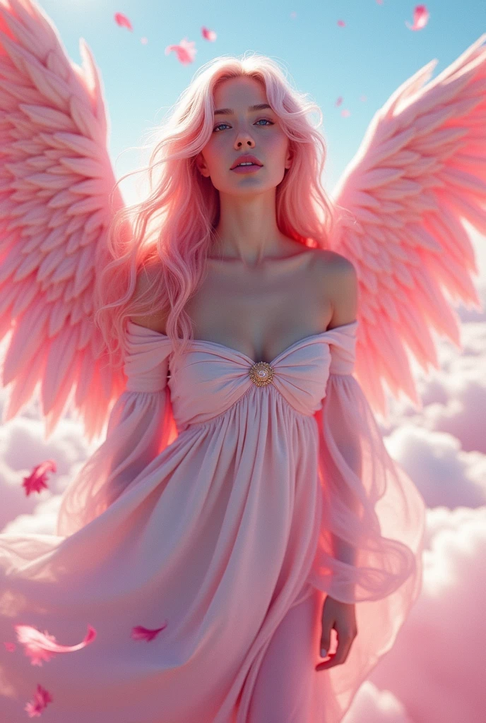 Light pink hair, Pink Eyes, Pink and white,  Vibrant colors, Paint Splash, Wavy long hair,angel, Many feathers fluttering、Large wings from the latissimus dorsi、Above the Clouds ,highest quality, masterpiece, Ultra-high resolution, (Realistic:1.4), RAW Photos, One girl, Off the shoulder, Modest, 