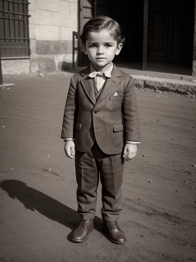a ,juvenile,ForFrench,suit,old,Sepia,era,young,whole body,Life-size,Classic,front,Head to foot