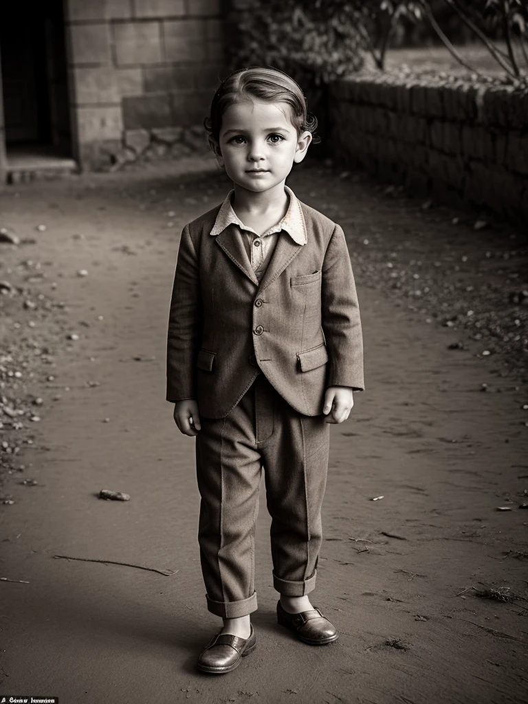 a ,juvenile,ForFrench,suit,old,Sepia,era,young,whole body,Life-size,Classic,front,Head to foot