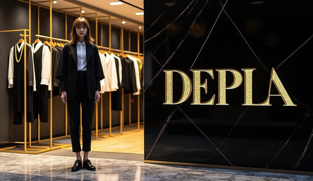 Create a poster image for a high-end fashion shop named 'DEPLA'. The image should be designed as a Facebook cover photo, featuring the word 'DEPLA' prominently in a stylish and sophisticated font. The design should be youthful and dynamic, reflecting a trendy fashion style. Use simple yet luxurious colors such as black, white, or gold to maintain a chic appearance. Incorporate elements that evoke a sense of high-end fashion, like elegant clothing or accessories, while keeping the overall look modern and fresh.