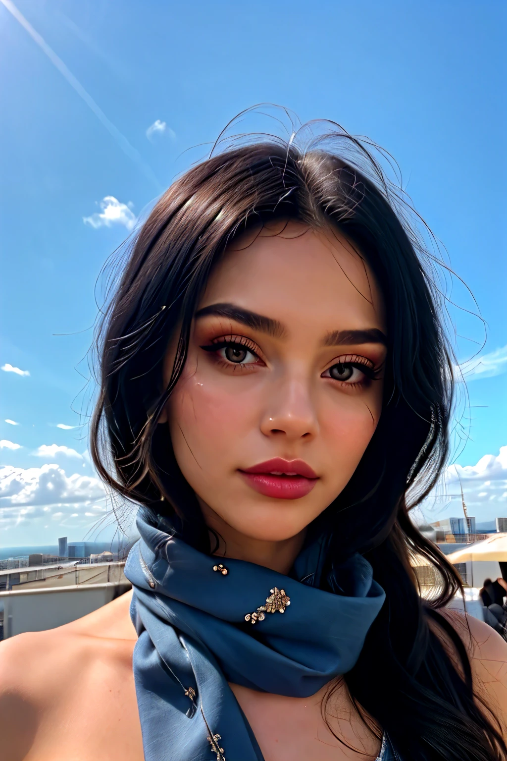 Beautiful orange woman, sweet, spectacular, unforgettable vibrant makeup, beautiful lips, transparent scarf with scarlet sequins on the shoulders, wavy black hair, realistically, professional photo, 64k, resolution, detail, mfm, 30mm lens, 1/250s, f/2.8, ISO 1000, bright light, 5D, hyperrealism, filigree, pixel graphics, blue cloudy sky behind