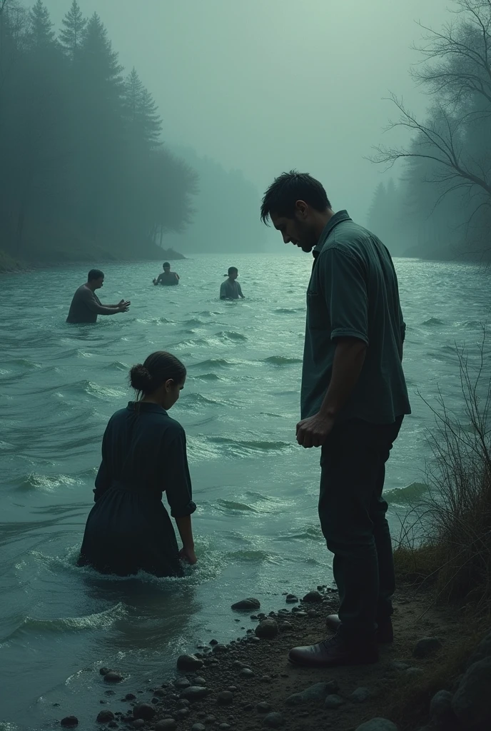 A man looks at a drowning man, elderly mother wife and daughter, do you want to help?