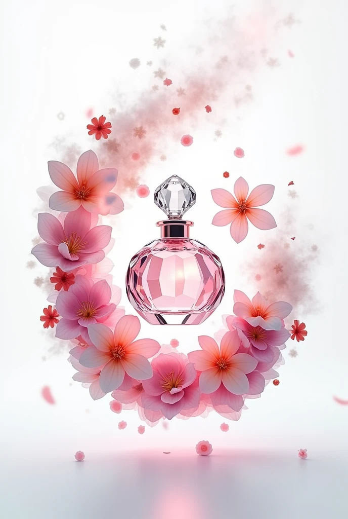 flying perfume bottle with flowers flying on a white background