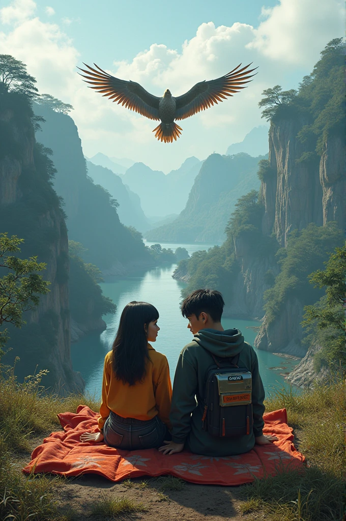 cyber hd realistic facing camera fractal design hd realistic, efek rendering 3d, beautiful girl donghua character with handsome man donghua character, jaket Hoodie cargo, celana kargo black kombinasi besi baja dark yellow motif naga, Paint Shoes, sitting together hugging on a camping carpet high cliff lake swamp dragon giant bird, Borneo forest, rural atmosphere of the island of Kalimantan Borneo Indonesia metallic FB box logo