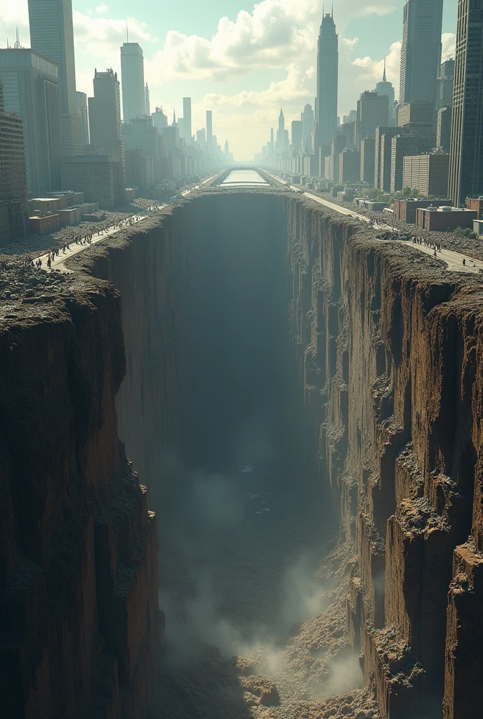 **A gaping hole in the ground of a large city**: Imagine a scene where the ground of a heavily populated city collapses, revealing a huge chasm with buildings falling into it.