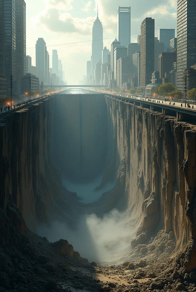 **A gaping hole in the ground of a large city**: Imagine a scene where the ground of a heavily populated city collapses, revealing a huge chasm with buildings falling into it.