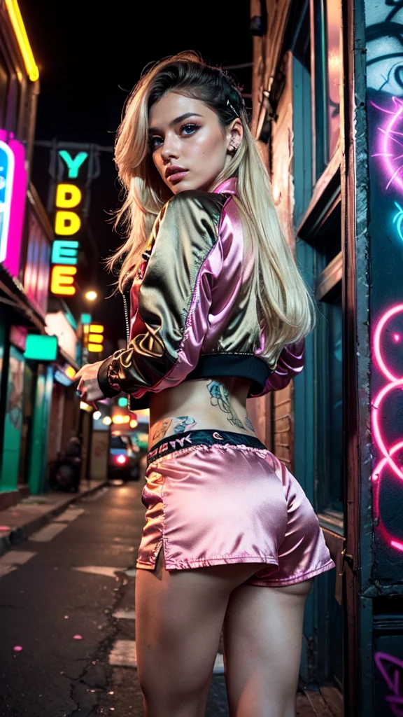 (Ultra-detailed eyes), (((textile shading))), (((Best Quality))), (((materpiece))), (((Ultra-detailed CG))), sassy 30 years old american girl, (((magical little girl))), (Petite), (tiny chest), blonde  wavy hair with pink streaks, ((gorgeous hair)), Pink eyes, (((punk girl, satin jacket, y2k ripped satin Shorts))), ((striking a pose)), (((Game CG)) (gorgeous, sassy, it girl), fancy jewelry, graffiti-covered walls,neon lights,vibrant colors,night scene,gritty atmosphere,4K, strong punk atmosphere, cowboy shot, midshot, centered image, eye on camera, daylight,sexy Ass,