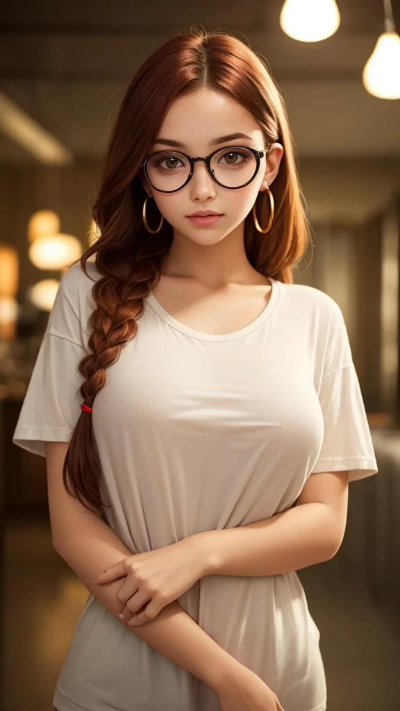 A young lady rs, with long bright red hair, wavy hair, braided, with air bangs. She has an hourglass figure. She is wearing a red oversized T-shirt. She is wearing gold earrings, and black rimmed glasses. Looking directly into the camera. She has fair skin, freckles, and braces, constricted pupils, parted lips, large breasts, perfect lips, perfect nose, cute face, baby facealism, cinematic lighting, jpeg artifacts, full body photo, bokeh, textured skin, UHD, best quality, masterpiece, high details
