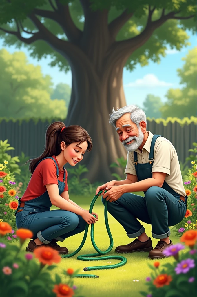 Amelia Helping Mr. Thompson:
Amelia is in her garden, assisting Mr. Thompson with the tangled garden hose. They both look engaged in the task, with Mr. Thompson looking relieved and grateful. The garden is lush and colorful, with the big oak tree in the background.