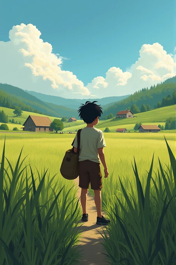 boy come back to village standing in grass watching home form away with a bag