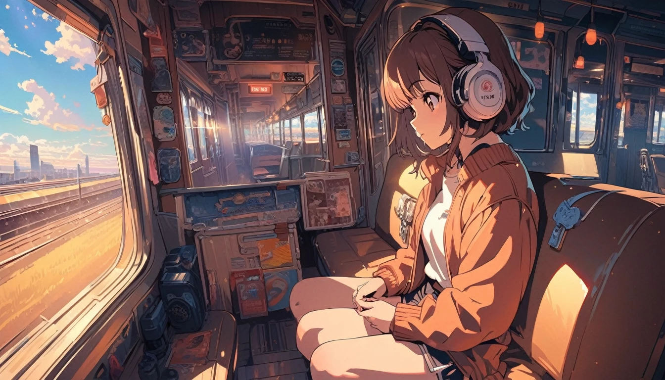 (extremely detailed CG unity 8k wallpaper), (best quality), (best illustration), (best shadow), realistic lighting, beautiful detailed reglow, masterpiece, best quality, lofi artstyle, lofi art, 80s anime style, Retro, Lo-Fi, 1girl, solo, short hair, brown hair, sitting, window, headphones, ground vehicle, train interior, anime
