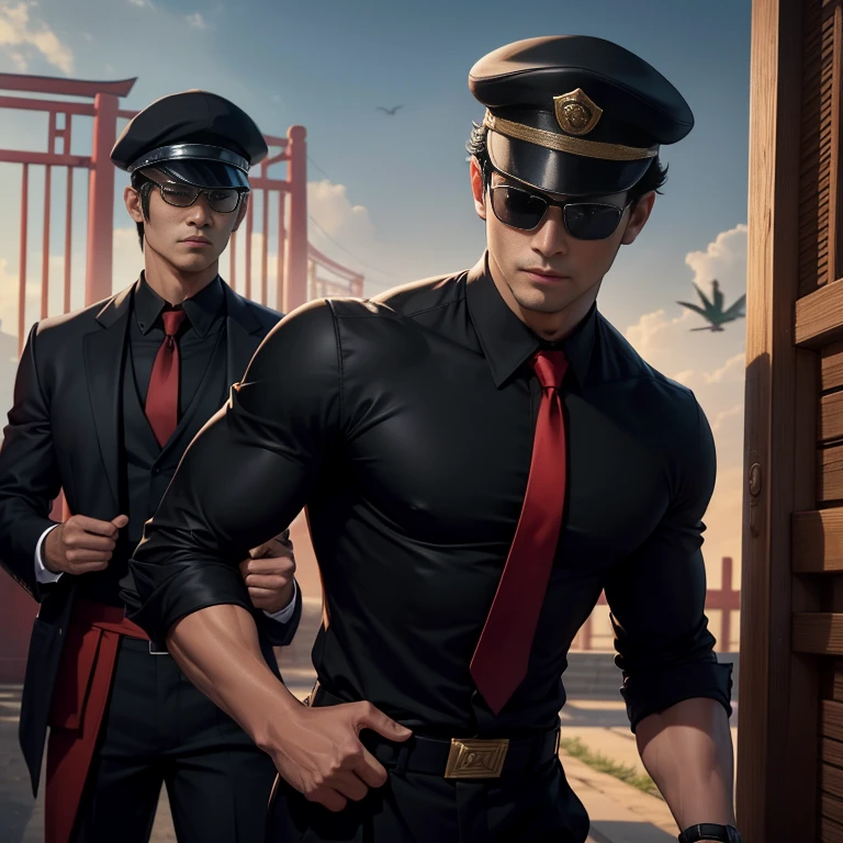 3,One Man,、Handsome。Black Shirt、Red tie、、Dhaka - Fighters、Lookout。In front of the gate、logic,,Very short hair、　,Asian Face,、　Wear a black cap　Black sunglasses、vs　Japan Tokusatsu Hero、Fight against the Zubat
