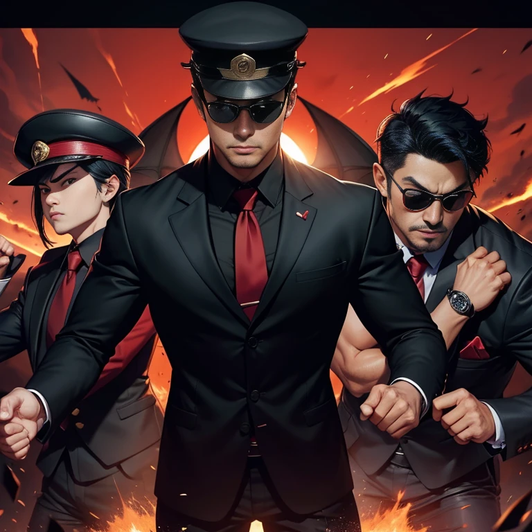 3,One Man,、Handsome。Black Shirt、Red tie、、Dhaka - Fighters、Lookout。In front of the gate、logic,,Very short hair、　,Asian Face,、　Wear a black cap　Black sunglasses、vs　Japan Tokusatsu Hero、Fight against the Zubat