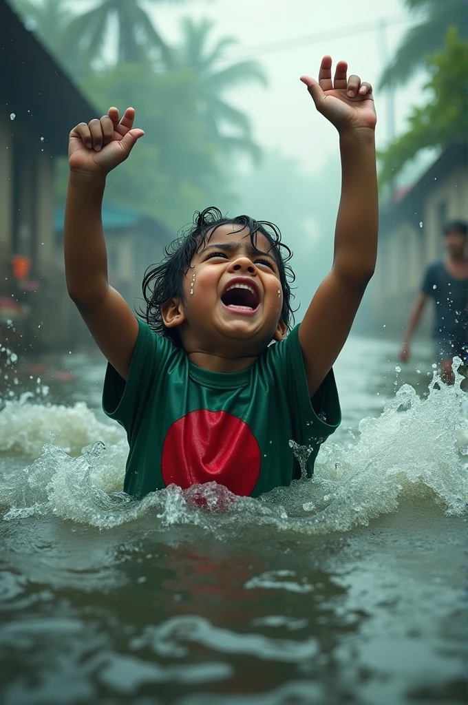 
A  is drowning in a great flood, raising one hand to survive.
He is wearing the flag of Bangladesh, he is crying a lot.