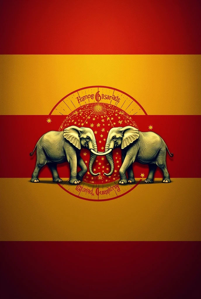 create flag 3 stripes red at top and bottom yellow in middle, two elephant in middle symbolize strong, globe created by starts in center