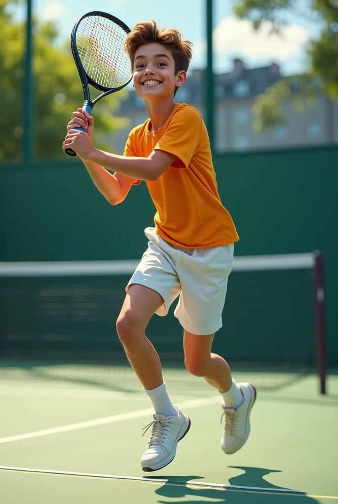 Tennis Player　15 year old boy　Natural Stance　Enjoying expression