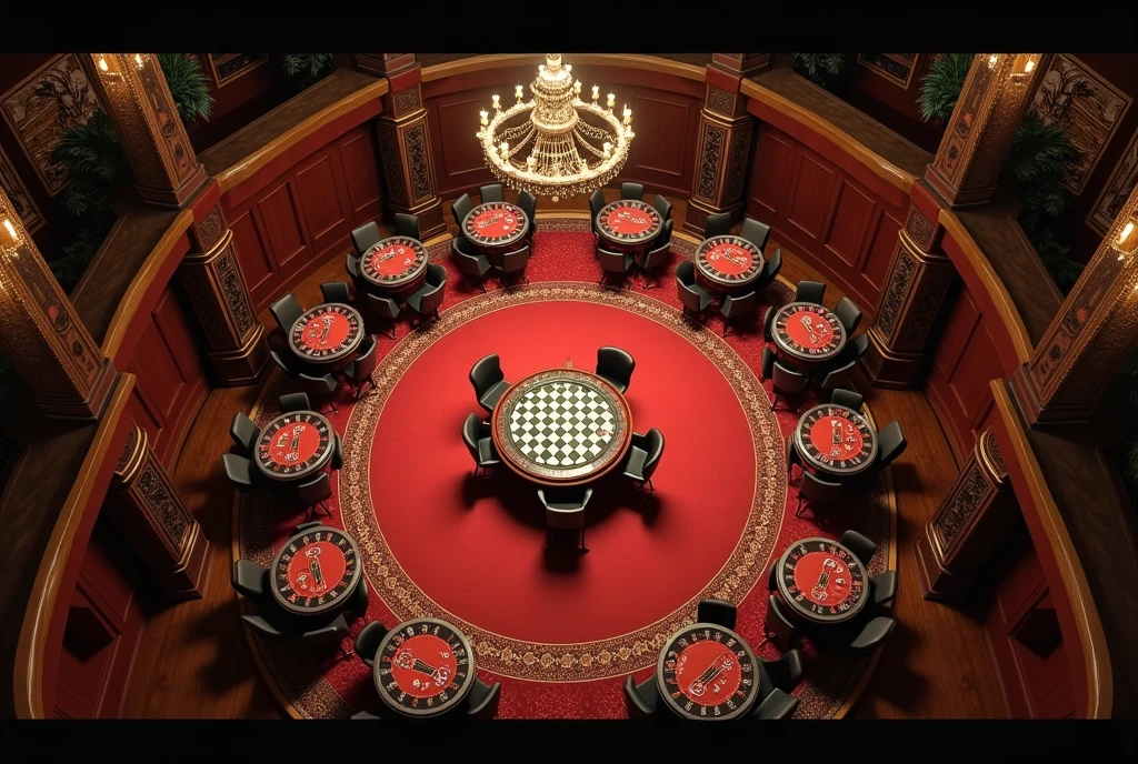 Large top-down view,Bird's eye view,Parallel angle of view,Dimly lit casino, The horizontal wooden floor is covered with a fine carpet,Chess table, No man's scene, Game Art, (Coherent architecture and interior, With realistic proportions and textures, Intricate details, Hand Painted, Energetic, Movie Lighting, masterpiece, 8K)