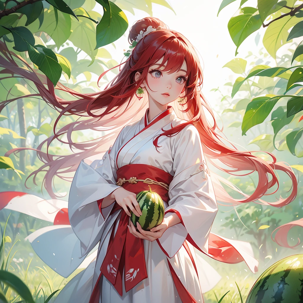 A beautiful female in white hanfu dress , Standing in the middle of The rice fields are full of Big, fresh, green watermelon There is a watermelon cut in half. Beautiful red color, looks very delicious in your hand. close up.