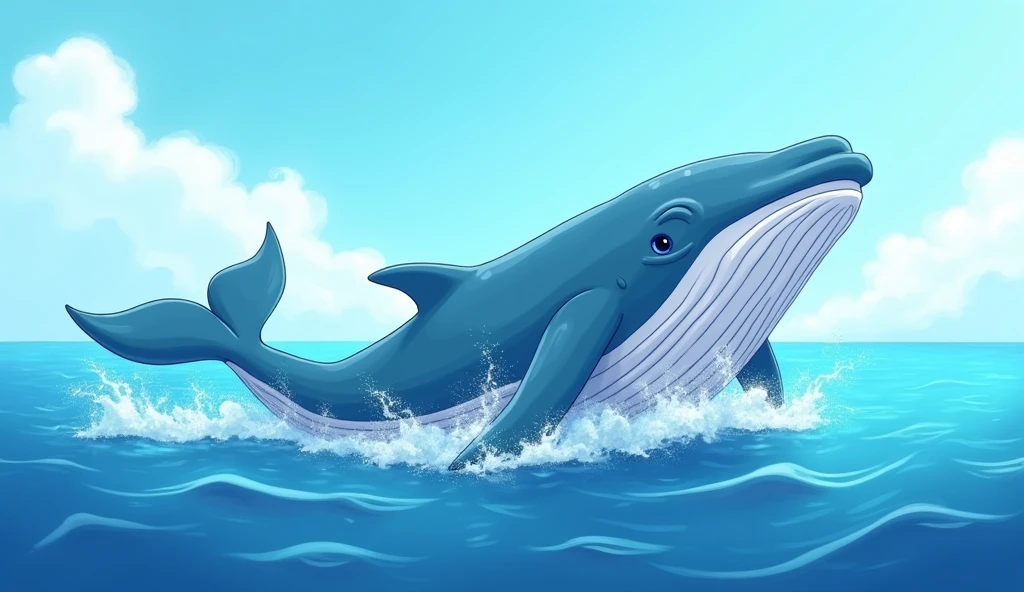 W is for Whale, splashing in the sea:
"A majestic cartoon whale breaching the ocean surface, with water cascading off its body and splashing into the deep blue sea."