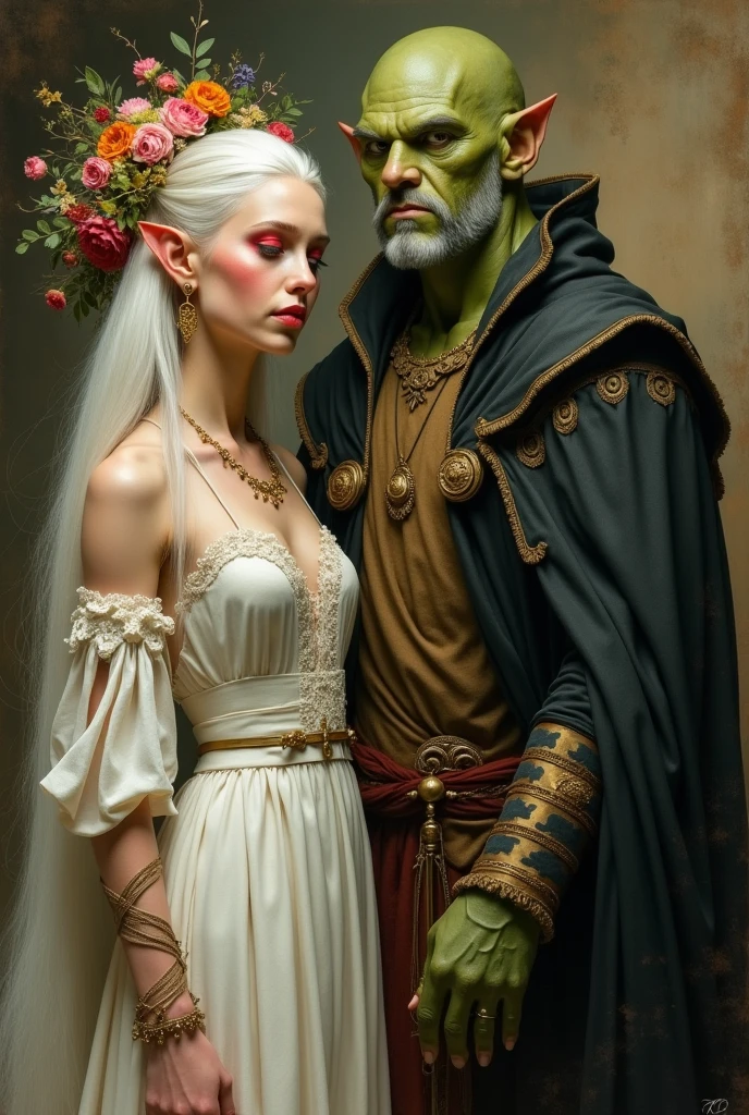 Portrait of a white-haired and white-skinned elf woman,with earrings and gold necklaces adornments white dress smiling in the painting,red makeup,Her head is decorated with flowers in medieval painting style  , is next to a green-skinned ogre man,with medieval costume ,with black cape ,It has gold ornaments on its arms