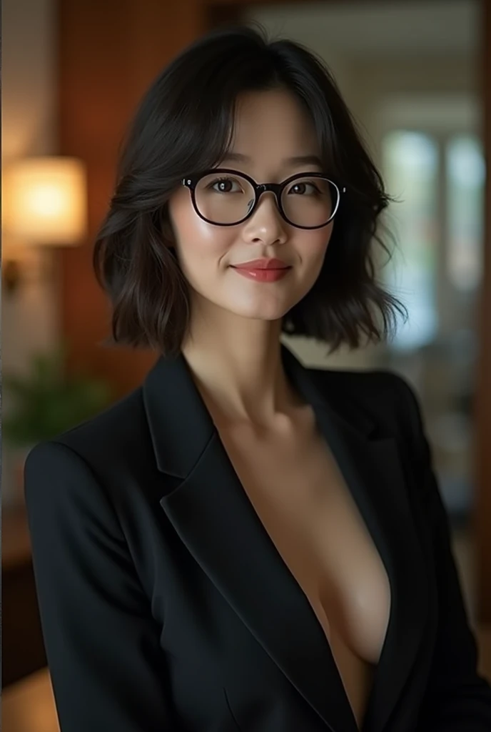 (top quality、top quality、permission 8k、masterpiece、Professional photography、Works, award winning)、(Mature beautiful Japanese woman:1.1)、(The most romantic office night in history 1.1)、(Very blurred background:1.1)、The most romantic and soulful atmosphere、(Perfect business suit:1.2)、(split:1.3)、(voluptuous body:1.3)、Standing elegantly、voluptuous body、(Very short wavy hair:1.1)、(Cool glasses:1.2)、seductive look, Eyes fixed on me、(Big breasts:1.3)、perfect makeup、Beautiful lipstick、Elegant eye shadow、long eyelashes、Ultra-high definition glossy leather、(precise anatomy:1.1)、(closed lips:1.2)、(face close up:1.2)