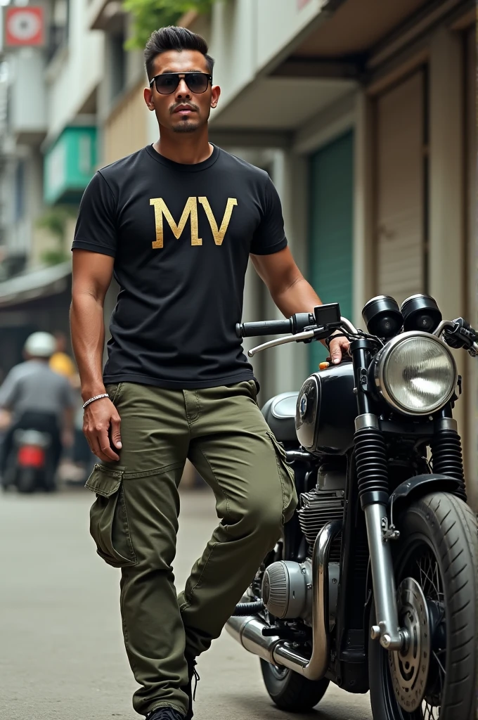 Brown skinned Indonesian man wearing sunglasses, with world war two army hairstyle, he stands next to a classic 1966 bmw motorcycle, He was wearing a black t-shirt with the letters MV written in gold., wearing army green cargo pants, wearing vans of the wall shoes