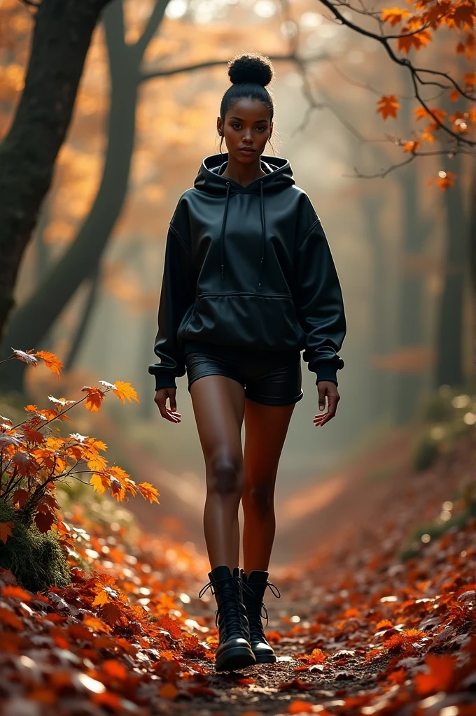 Black woman wearing leather short shorts up in crack black hoodie hair in a bun black leather boots walking in the woods fall time Halloween 