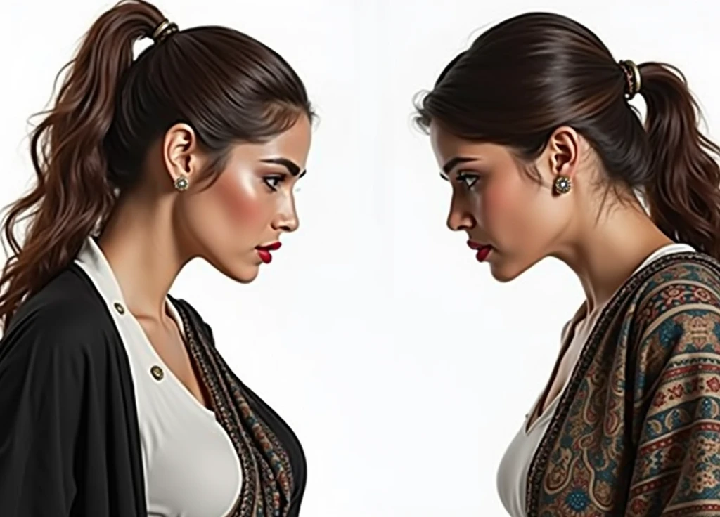 Two Indian beauty women age 30 , beautiful Indian faces, blue eyes detailed,red lips detailed curvy sexy bodies figure,both women big tit ass ,big boobs, wearing salwar kameez cotton,both women rivals stare each other angrily in office standing nose to nose pinned against wall grind bodies toghter lips touching,ultra HD 4k masterpiece, realistic