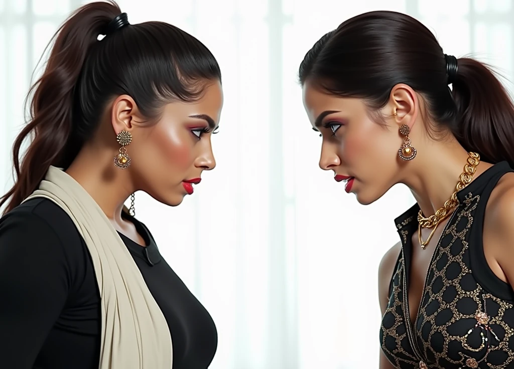 Two Indian beauty women age 30 , beautiful Indian faces, blue eyes detailed,red lips detailed curvy sexy bodies figure,both women big tit ass ,big boobs, wearing salwar kameez cotton,both women rivals stare each other angrily in office standing nose to nose pinned against wall grind bodies toghter lips touching,ultra HD 4k masterpiece, realistic
