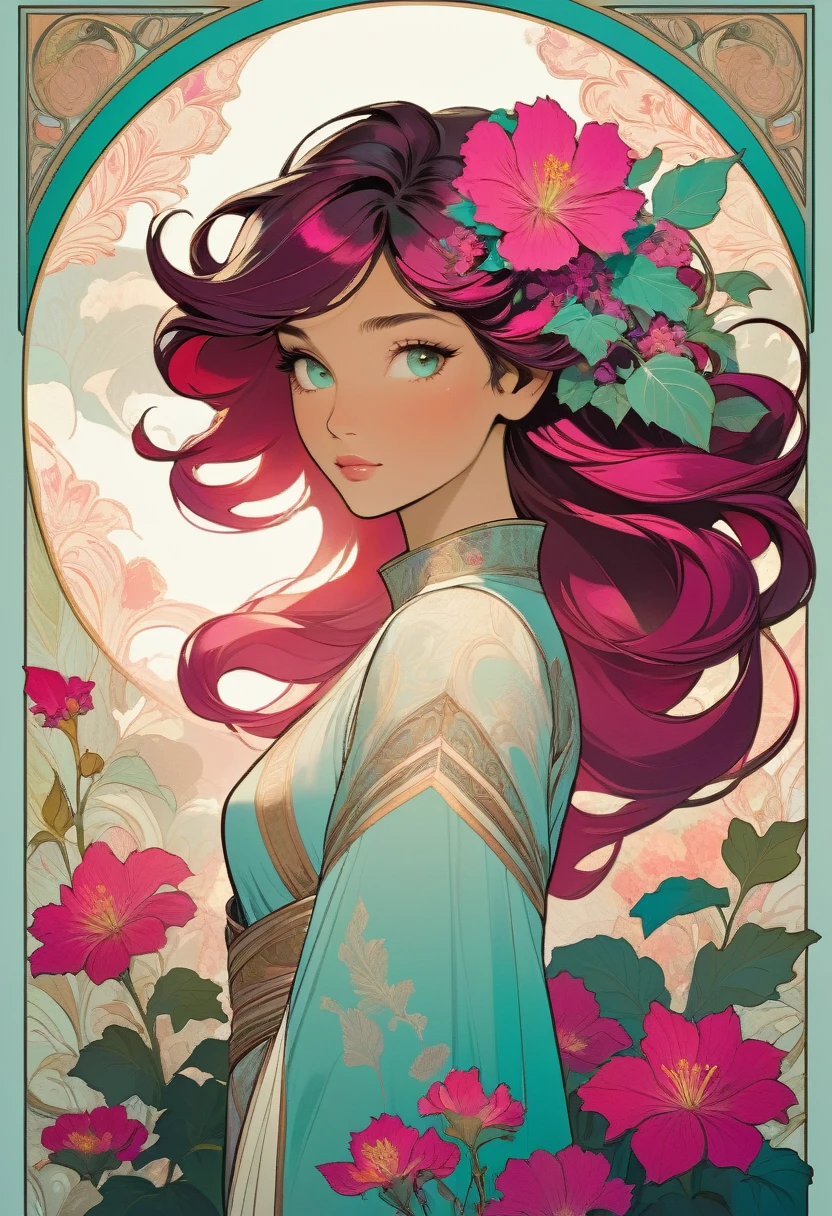 Create a stunning poster-style artwork showcasing a woman adorning her hair with vibrant flowers, Utilize a color palette consisting of dark white and light magenta, and focus on intricate illustrations with serene facial expressions, Incorporate light teal and light red shades to infuse the artwork with smooth lines, reminiscent of comic art, (alphonse mucha artwork )